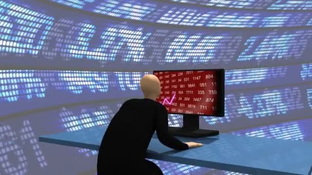 Computer animation representing a 3d-man observing the share market — Stock Video