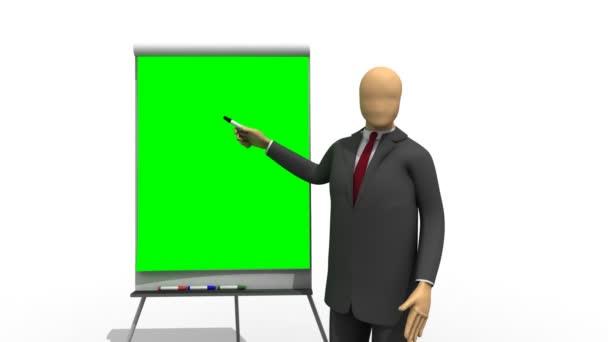 Animación mostrando 3d-man explicando en un tablero verde — Vídeo de stock