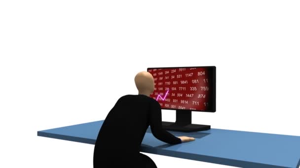 Animation zeigt 3D-Mann, der an einem Tisch vor einem Desktop sitzt — Stockvideo