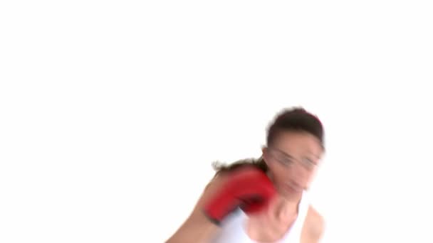 Concentrated hispanic woman wearing boxing gloves — Stock Video