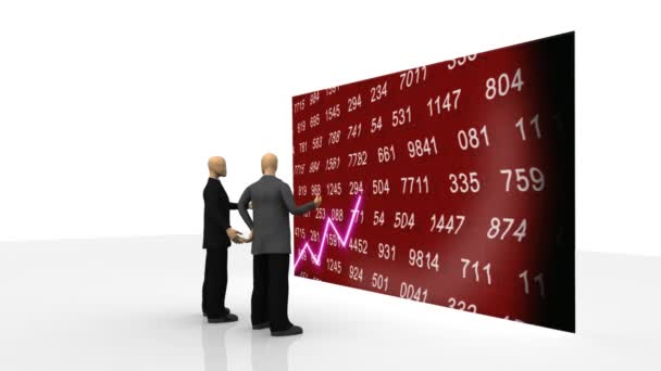 Animation showing 3d men observing share market on a screen — Stock Video