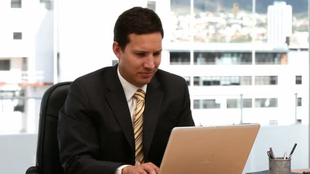 Happy businessman working on the laptop — Stock Video