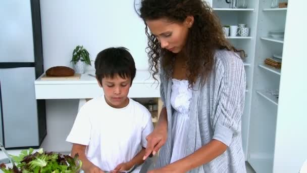 Moeder en zoon een salade samen voorbereiden — Stockvideo