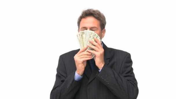 Businessman kissing his money — Stock Video