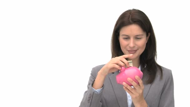 Podnikatelka drží prasátko — Stock video