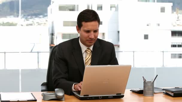 Happy businessman working on the laptop — Stock Video