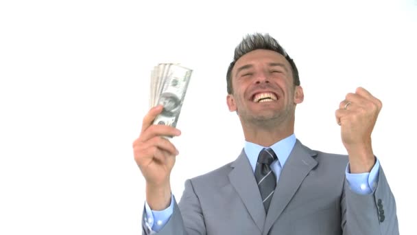 Sonriente hombre sosteniendo dólares — Vídeo de stock