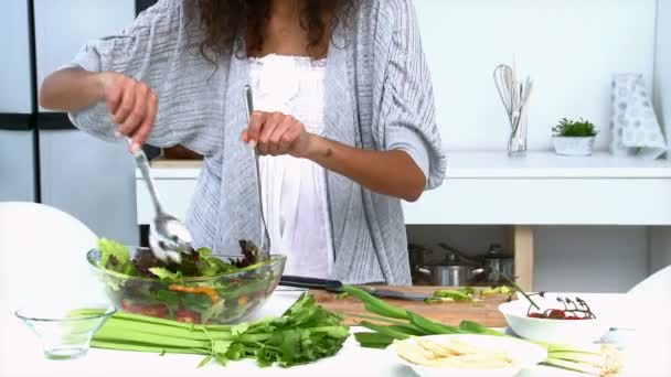 女性はサラダを準備します。 — ストック動画