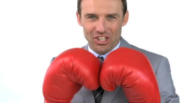 Hombre de negocios sonriente con guantes de boxeo — Vídeos de Stock