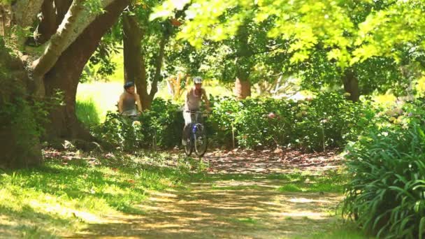 Atletische jong koppel gaan fietsen in een bos — Stockvideo