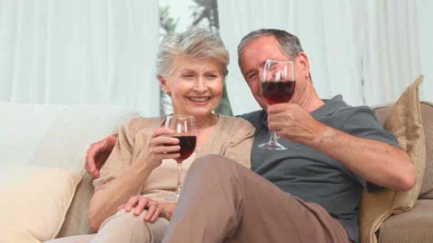 Ώριμο ζευγάρι απολαμβάνοντας ένα ποτήρι κόκκινο κρασί — Αρχείο Βίντεο