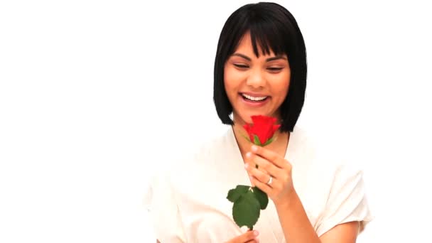 Chiness woman holding a red rose — Stock Video