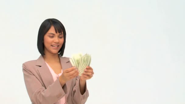 Wanita bisnis Chinses memamerkan uang tunai nya — Stok Video