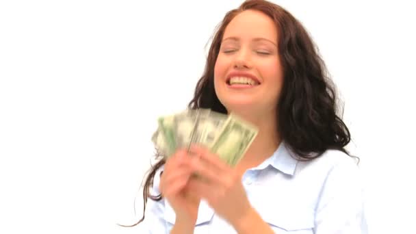 Brunette showing off her cash — Stock Video