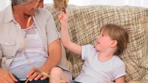 Grandmother knitting with her granddaughter — Stock Video