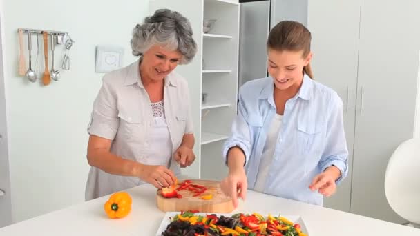 महिला तिच्या आईबरोबर स्वयंपाक — स्टॉक व्हिडिओ