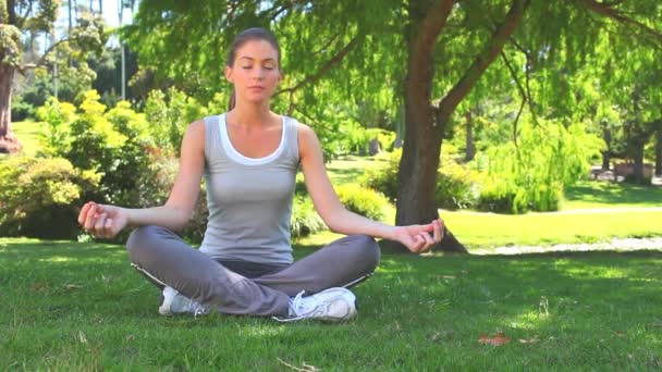 Mujer practicando yoga en posición de loto — Vídeos de Stock