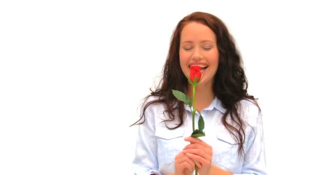 Casual woman smelling a rose — Stock Video