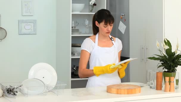 Dark-haired woman doing the dishes — Stock Video