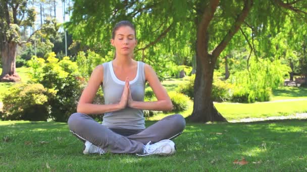Çekici bir kadın çimlerde yoga yaparken — Stok video
