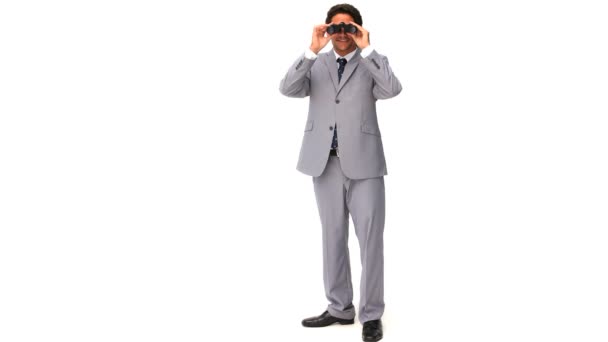 Elegant man in gray suit with binoculars — Stock Video