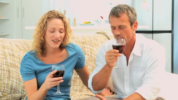 Preciosa pareja disfrutando de un vino tinto — Vídeo de stock
