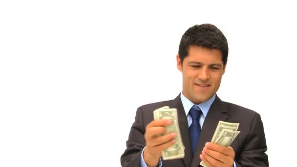 Бизнесмен хвастается своими деньгами — стоковое видео
