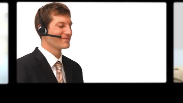 Montage of talking on the phone with headset — Stock Video