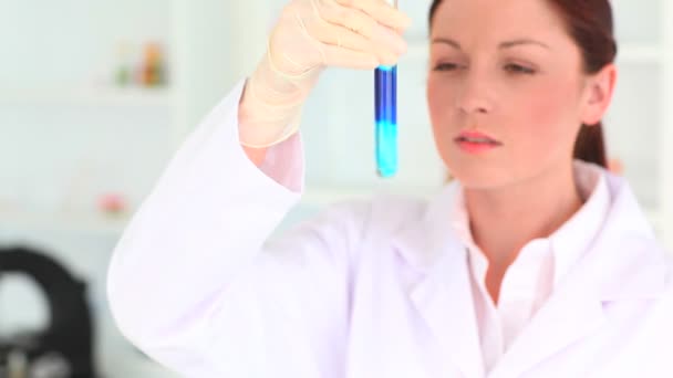 Femele scientist examining a test tube — Stock Video