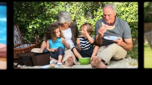Montase kakek-nenek menghabiskan waktu dan keluarga mereka — Stok Video