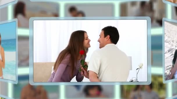Montaje de hombres ofreciendo una rosa a sus novias — Vídeos de Stock