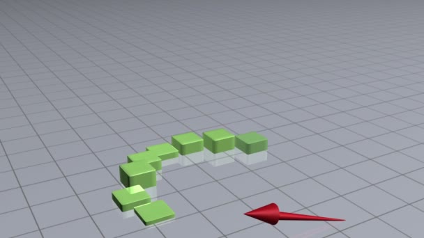 Seta vermelha seguindo um gráfico de barras verdes — Vídeo de Stock