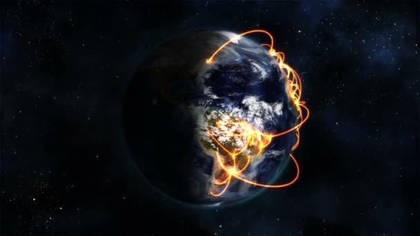 Затемненная и облачная Земля с оранжевыми связями, включённая в себя с помощью изображения Земли, любезно предоставленного НАСА . — стоковое видео