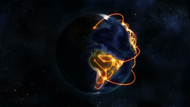 Затемненная Земля с оранжевыми связями включается с помощью изображения Земли любезно предоставленного Nasa.org — стоковое видео