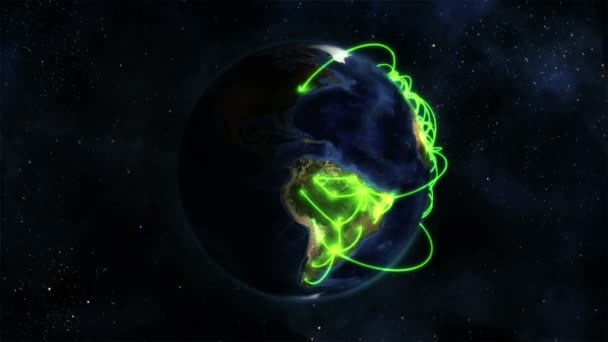Затінена Земля з зеленими зв'язками, що повертаються на себе зображенням Землі ввічливості Nasa.org — стокове відео