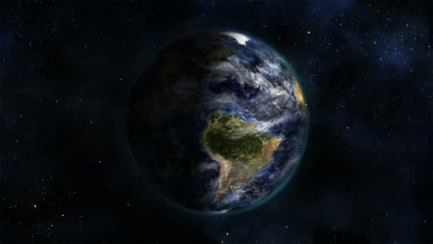 Затемненная Земля включается с движущимися облаками с изображением Земли, любезно предоставленным Nasa.org — стоковое видео