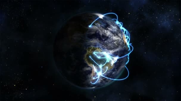 Tierra sombreada girando sobre sí misma con nubes en movimiento y conexiones azules con la Tierra imagen cortesía de — Vídeo de stock