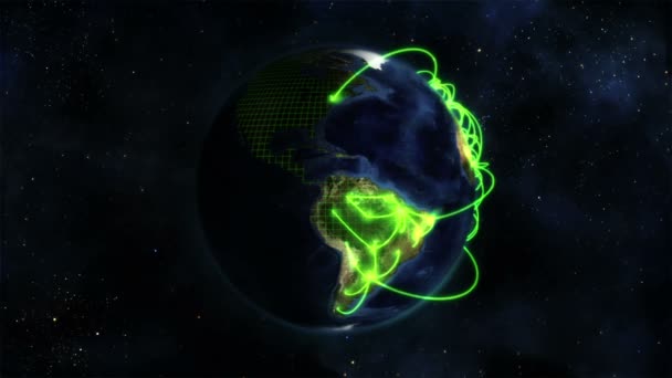 Schattierte Erde, die sich selbst mit Gittern und grünen Verbindungen mit Erdbild mit freundlicher Genehmigung von nasa.org — Stockvideo