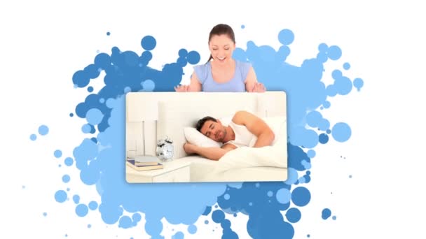 Mulher mostrando um homem dormindo — Vídeo de Stock