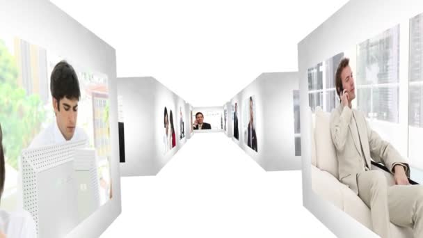 Kvinnan öppnar dörrarna till en animerad korridorer — Stockvideo