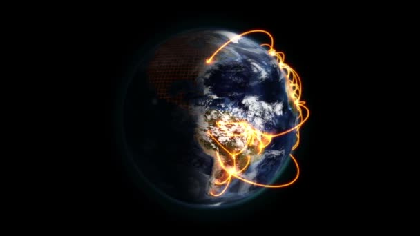 阴影和多云地球与运动与地球由美国国家航空航天局提供的图像中的橙色连接 — 图库视频影像
