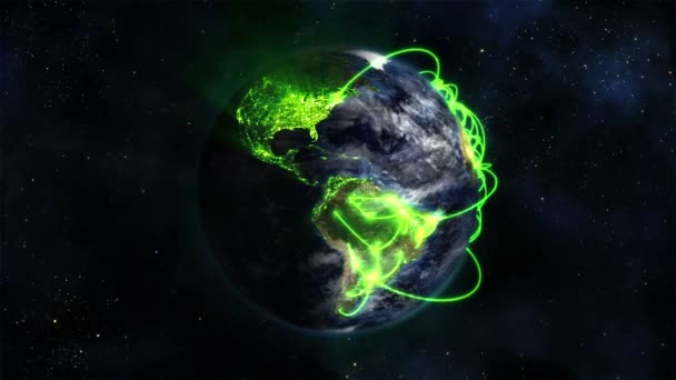 Shaded and lighted Earth with green connections and moving clouds in movement with Earth image court — Stock Video