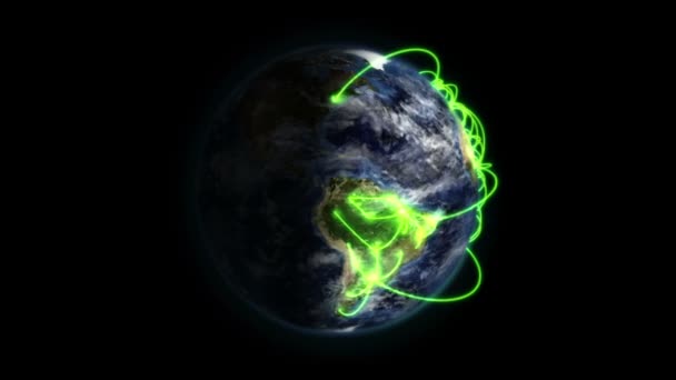 Beschattete Erde mit grünen Verbindungen, die sich mit bewegten Wolken mit Erdbild einschalten — Stockvideo