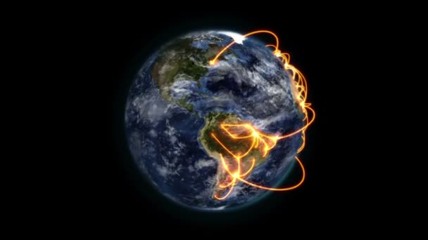 Затемненная Земля с оранжевыми связями, вращающаяся вокруг себя с движущимися облаками с помощью изображения Земли — стоковое видео
