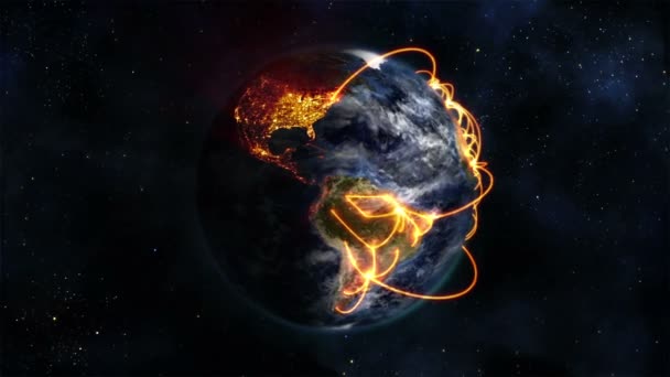 Затененная и освещенная Земля с оранжевыми связями в движении с движущимися облаками с изображением Земли. — стоковое видео