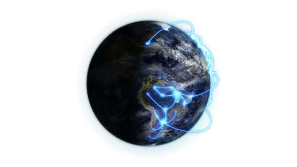 Синяя сеть на затененной Земле и движущиеся облака с изображением Земли, предоставленным Nasa.org — стоковое видео