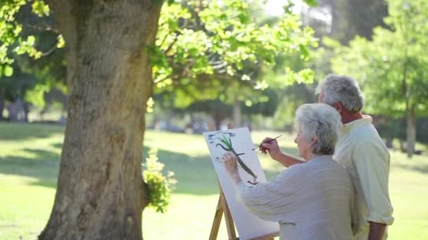Зрелая пара рисует деревья — стоковое видео