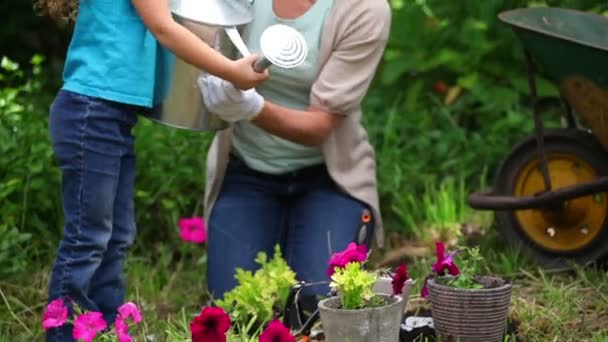 Мати і дочка поливають квіти разом — стокове відео