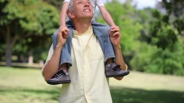 Hombre sosteniendo a un niño sobre sus hombros — Vídeos de Stock
