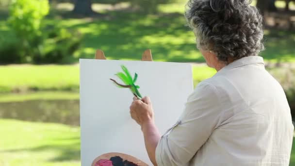 Зрелая женщина рисует на холсте — стоковое видео